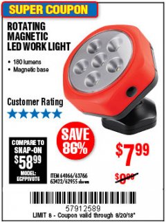 Harbor Freight Coupon ROTATING MAGNETIC LED WORK LIGHT Lot No. 63422/62955/64066/63766 Expired: 8/20/18 - $7.99