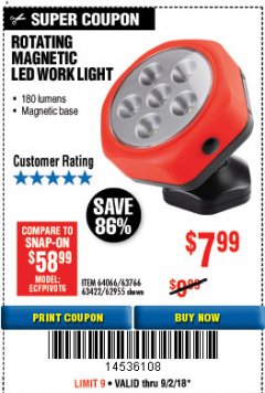 Harbor Freight Coupon ROTATING MAGNETIC LED WORK LIGHT Lot No. 63422/62955/64066/63766 Expired: 9/2/18 - $7.99