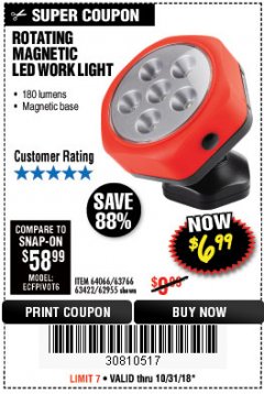 Harbor Freight Coupon ROTATING MAGNETIC LED WORK LIGHT Lot No. 63422/62955/64066/63766 Expired: 10/31/18 - $6.99