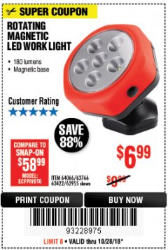 Harbor Freight Coupon ROTATING MAGNETIC LED WORK LIGHT Lot No. 63422/62955/64066/63766 Expired: 10/28/18 - $6.99