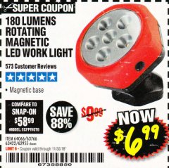 Harbor Freight Coupon ROTATING MAGNETIC LED WORK LIGHT Lot No. 63422/62955/64066/63766 Expired: 10/30/18 - $6.99
