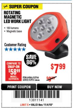 Harbor Freight Coupon ROTATING MAGNETIC LED WORK LIGHT Lot No. 63422/62955/64066/63766 Expired: 11/4/18 - $7.99