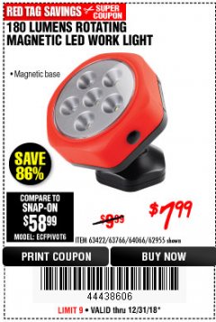 Harbor Freight Coupon ROTATING MAGNETIC LED WORK LIGHT Lot No. 63422/62955/64066/63766 Expired: 12/31/18 - $7.99