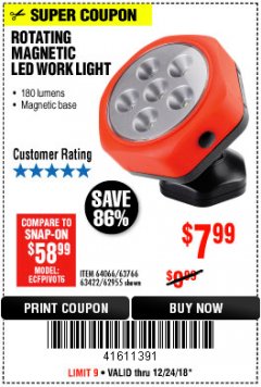 Harbor Freight Coupon ROTATING MAGNETIC LED WORK LIGHT Lot No. 63422/62955/64066/63766 Expired: 12/24/18 - $7.99