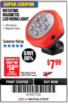 Harbor Freight Coupon ROTATING MAGNETIC LED WORK LIGHT Lot No. 63422/62955/64066/63766 Expired: 2/18/19 - $7.99