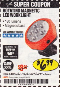 Harbor Freight Coupon ROTATING MAGNETIC LED WORK LIGHT Lot No. 63422/62955/64066/63766 Expired: 6/30/19 - $6.99