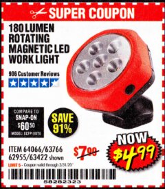 Harbor Freight Coupon ROTATING MAGNETIC LED WORK LIGHT Lot No. 63422/62955/64066/63766 Expired: 3/31/20 - $4.99