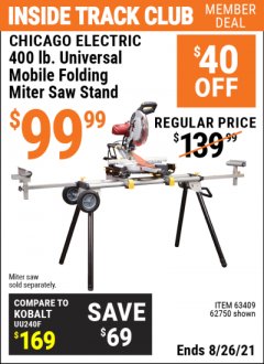 Harbor Freight ITC Coupon CHICAGO ELECTRIC HEAVY DUTY MOBILE MITER SAW STAND Lot No. 63409/62750 Expired: 8/26/21 - $99.99