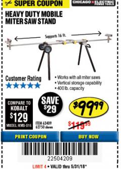Harbor Freight Coupon CHICAGO ELECTRIC HEAVY DUTY MOBILE MITER SAW STAND Lot No. 63409/62750 Expired: 5/31/18 - $99.99