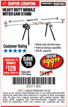 Harbor Freight Coupon CHICAGO ELECTRIC HEAVY DUTY MOBILE MITER SAW STAND Lot No. 63409/62750 Expired: 7/31/18 - $99.99