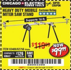 Harbor Freight Coupon CHICAGO ELECTRIC HEAVY DUTY MOBILE MITER SAW STAND Lot No. 63409/62750 Expired: 11/3/18 - $99.99