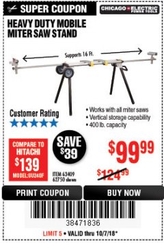 Harbor Freight Coupon CHICAGO ELECTRIC HEAVY DUTY MOBILE MITER SAW STAND Lot No. 63409/62750 Expired: 10/7/18 - $99.99