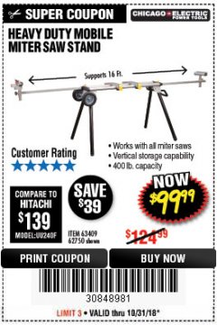 Harbor Freight Coupon CHICAGO ELECTRIC HEAVY DUTY MOBILE MITER SAW STAND Lot No. 63409/62750 Expired: 10/31/18 - $99.99