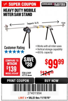 Harbor Freight Coupon CHICAGO ELECTRIC HEAVY DUTY MOBILE MITER SAW STAND Lot No. 63409/62750 Expired: 11/18/18 - $99.99