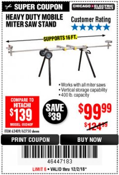 Harbor Freight Coupon CHICAGO ELECTRIC HEAVY DUTY MOBILE MITER SAW STAND Lot No. 63409/62750 Expired: 12/2/18 - $99.99