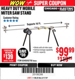 Harbor Freight Coupon CHICAGO ELECTRIC HEAVY DUTY MOBILE MITER SAW STAND Lot No. 63409/62750 Expired: 3/17/19 - $99.99