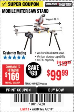 Harbor Freight Coupon CHICAGO ELECTRIC HEAVY DUTY MOBILE MITER SAW STAND Lot No. 63409/62750 Expired: 4/7/19 - $99.99
