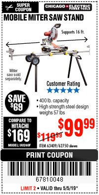 Harbor Freight Coupon CHICAGO ELECTRIC HEAVY DUTY MOBILE MITER SAW STAND Lot No. 63409/62750 Expired: 5/5/19 - $99.99