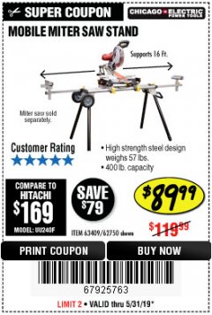Harbor Freight Coupon CHICAGO ELECTRIC HEAVY DUTY MOBILE MITER SAW STAND Lot No. 63409/62750 Expired: 5/31/19 - $89.99
