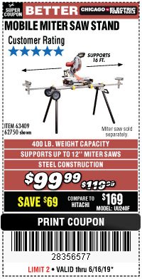 Harbor Freight Coupon CHICAGO ELECTRIC HEAVY DUTY MOBILE MITER SAW STAND Lot No. 63409/62750 Expired: 6/16/19 - $99.99