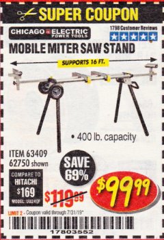 Harbor Freight Coupon CHICAGO ELECTRIC HEAVY DUTY MOBILE MITER SAW STAND Lot No. 63409/62750 Expired: 7/31/19 - $99.99