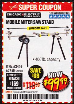 Harbor Freight Coupon CHICAGO ELECTRIC HEAVY DUTY MOBILE MITER SAW STAND Lot No. 63409/62750 Expired: 8/31/19 - $99.99