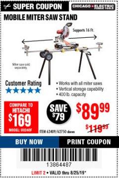 Harbor Freight Coupon CHICAGO ELECTRIC HEAVY DUTY MOBILE MITER SAW STAND Lot No. 63409/62750 Expired: 8/25/19 - $89.99