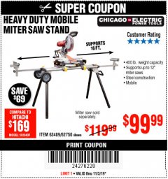 Harbor Freight Coupon CHICAGO ELECTRIC HEAVY DUTY MOBILE MITER SAW STAND Lot No. 63409/62750 Expired: 11/3/19 - $99.99