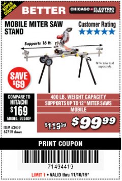 Harbor Freight Coupon CHICAGO ELECTRIC HEAVY DUTY MOBILE MITER SAW STAND Lot No. 63409/62750 Expired: 11/10/19 - $99.99