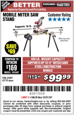 Harbor Freight Coupon CHICAGO ELECTRIC HEAVY DUTY MOBILE MITER SAW STAND Lot No. 63409/62750 Expired: 12/31/19 - $99.99
