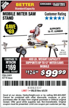 Harbor Freight Coupon CHICAGO ELECTRIC HEAVY DUTY MOBILE MITER SAW STAND Lot No. 63409/62750 Expired: 6/30/20 - $99.99