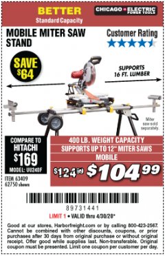 Harbor Freight Coupon CHICAGO ELECTRIC HEAVY DUTY MOBILE MITER SAW STAND Lot No. 63409/62750 Expired: 6/30/20 - $104.99