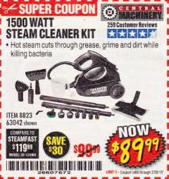 Harbor Freight Coupon 1500 WATT STEAM CLEANER KIT Lot No. 8823/63042 Expired: 2/28/19 - $89.99