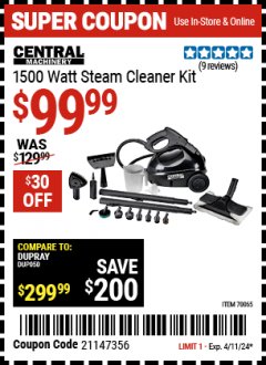 Harbor Freight Coupon 1500 WATT STEAM CLEANER KIT Lot No. 8823/63042 Expired: 4/11/24 - $99.99