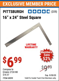 Harbor Freight ITC Coupon 16" X 24" STEEL SQUARE Lot No. 69099 Expired: 9/30/20 - $6.99