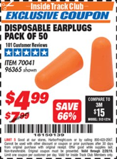 Harbor Freight ITC Coupon DISPOSABLE EAR PLUGS PACK OF 50 Lot No. 96365 Expired: 2/28/19 - $4.99