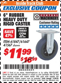 Harbor Freight ITC Coupon 6" RUBBER HEAVY DUTY RIGID CASTER Lot No. 61647 Expired: 11/30/18 - $11.99