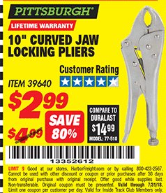 Harbor Freight ITC Coupon 10" CURVED JAW LOCKING PLIERS Lot No. 39640 Expired: 7/31/18 - $2.99