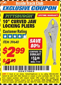 Harbor Freight ITC Coupon 10" CURVED JAW LOCKING PLIERS Lot No. 39640 Expired: 11/30/18 - $2.99