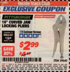 Harbor Freight ITC Coupon 10" CURVED JAW LOCKING PLIERS Lot No. 39640 Expired: 7/31/19 - $2.99