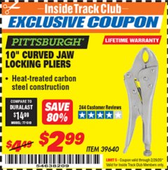 Harbor Freight ITC Coupon 10" CURVED JAW LOCKING PLIERS Lot No. 39640 Expired: 2/29/20 - $2.99