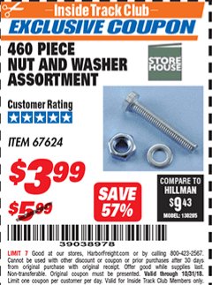 Harbor Freight ITC Coupon 460 PIECE NUT AND WASHER ASSORTMENT Lot No. 67624 Expired: 10/31/18 - $3.99