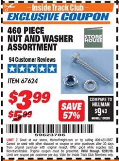 Harbor Freight ITC Coupon 460 PIECE NUT AND WASHER ASSORTMENT Lot No. 67624 Expired: 12/31/18 - $3.99