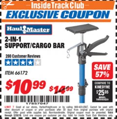 Harbor Freight ITC Coupon 2-IN-1 SUPPORT/CARGO BAR Lot No. 66172 Expired: 2/28/19 - $10.99