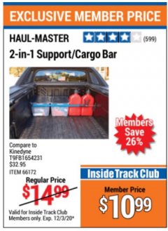 Harbor Freight Coupon 2-IN-1 SUPPORT/CARGO BAR Lot No. 66172 Expired: 12/3/20 - $10.99