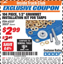 Harbor Freight ITC Coupon 104 PIECE, 1/2" GROMMET INSTALLATION KIT Lot No. 63237 Expired: 10/31/18 - $2.99