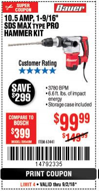Harbor Freight Coupon BAUER 10.5 AMP 1-9/16" SDS MAX-TYPE PRO VARIABLE SPEED ROTARY HAMMER Lot No. 63441 Expired: 9/2/18 - $99.99