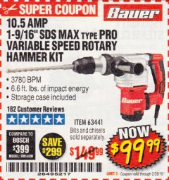 Harbor Freight Coupon BAUER 10.5 AMP 1-9/16" SDS MAX-TYPE PRO VARIABLE SPEED ROTARY HAMMER Lot No. 63441 Expired: 2/28/19 - $99.99