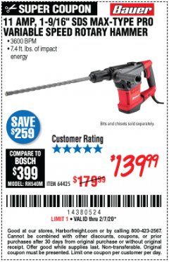 Harbor Freight Coupon BAUER 10.5 AMP 1-9/16" SDS MAX-TYPE PRO VARIABLE SPEED ROTARY HAMMER Lot No. 63441 Expired: 2/7/20 - $139.99