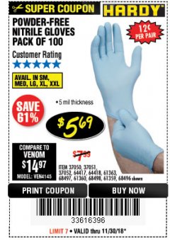 Harbor Freight Coupon 5 MIL NITRILE GLOVES 100/PK Lot No. 61363/ 68497/ 68498 Expired: 11/30/18 - $5.69